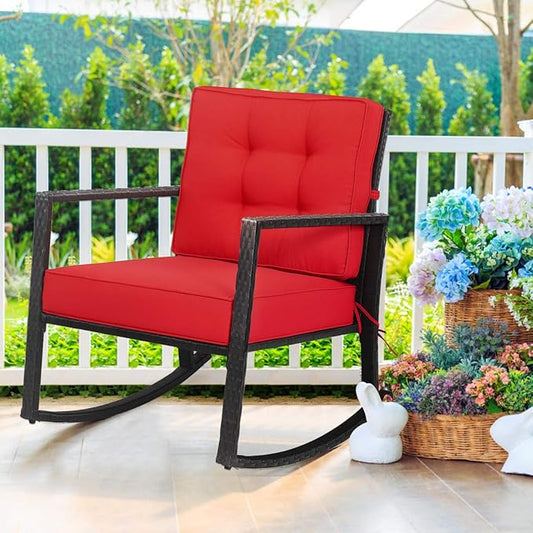 Tangkula Wicker Rocking Chair, Outdoor Glider Rattan Rocker Chair with Heavy-Duty Steel Frame, Patio Wicker Furniture Seat with 5” Thick Cushion for Garden, Porch, Backyard, Poolside (2, Red)