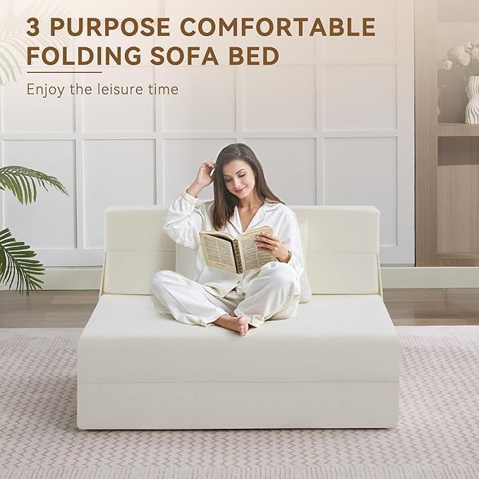 WUTUTUEE Folding Sofa Bed Convertible Floor Couch Foldable Chair Bed with Pillow,Linen Sleeper Chair Futon,Foldable Memory Foam Mattress for Bedroom/Living Room/Dorm/Office (Beige, Standard)