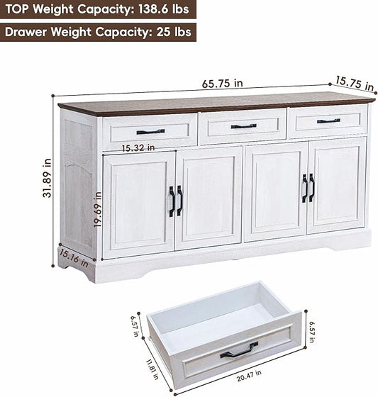 Large Buffet Sideboard Cabinet, 66 inch, 4 Doors and 3 Drawers, 65.8 x 15.8 x 31.9 inches (Wood Door, White Walnut Grain)