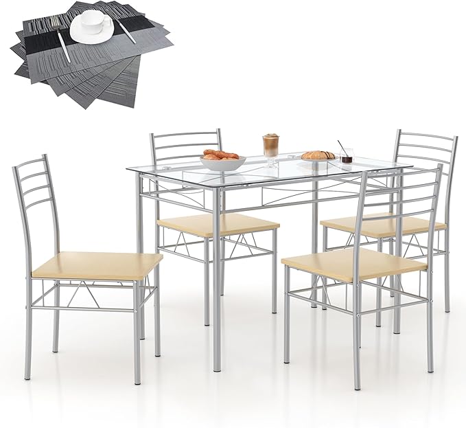 VECELO 5 Piece Dining Table and Chairs Set for 4, Glass Tabletop, Small Space, Silver