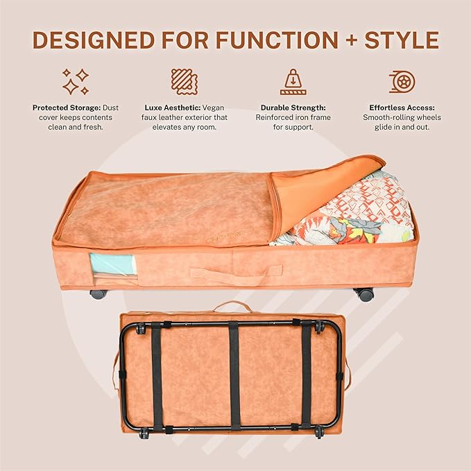 Premium Under Bed Storage with Wheels, Low Profile Rolling Storage Box in Vegan Leather with Metal Frame, Pull-Out Underbed Organizer for Bedroom or Closet, Housewarming or Wedding Gift