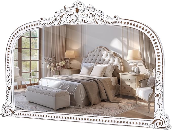 Rustic Farmhouse Wooden Wall Mirror: 36x24 Inches Baroque Antique Arched Mirror - Decorative Wide Mirrors for Fireplace Mantel, Living Room, Entryway, Bathroom
