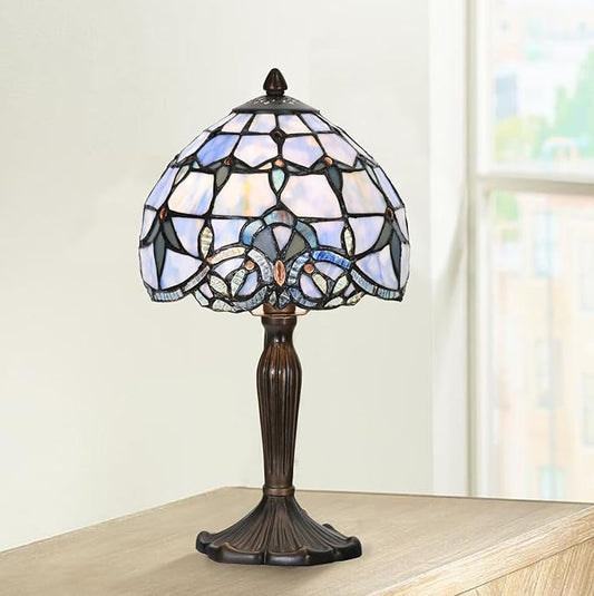 TL0006 Small Tiffany Lamp Baroque Design Handcrafted Stained Glass Table Lamp for Small Space Bedroom Bedside Nightstand Home Office, 8" W x 14.25" H, LED Bulb Included (Blue Baroque)