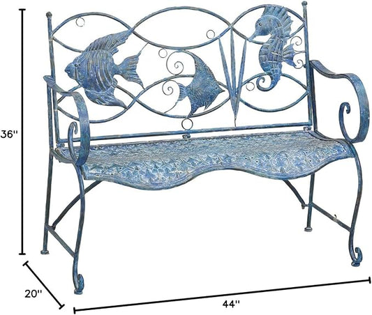 Cape Craftsmen Evergreen Weatherproof Blue Fish Coastal Outdoor Bench | Holds Up to 440 lbs | Furniture for Lawn Garden Patio Porch Park Deck | Coastal Nautical Beach Décor | Steel | Blue