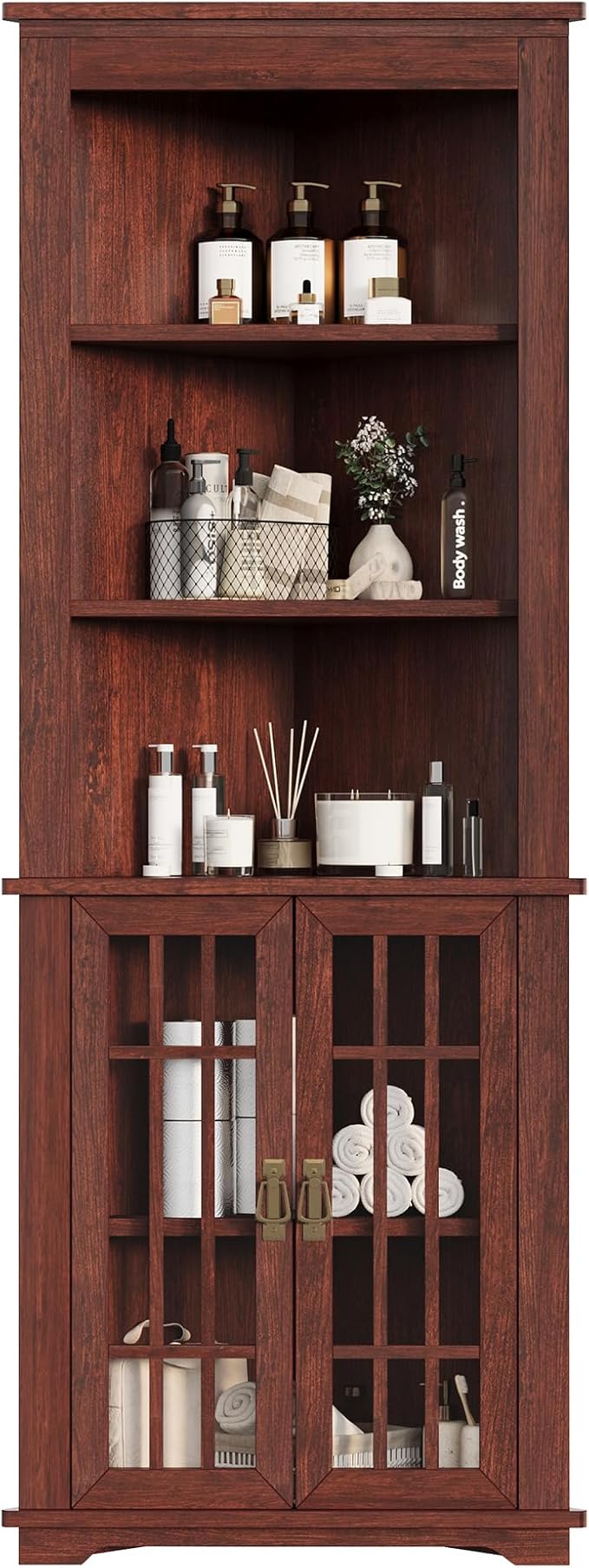 IRONCK 71.3'' Tall Corner Cabinet, Mid Century Storage Cabinet with Glass Doors & Adjustable Shelf, Bathroom Storage with 3 Open Shelf, Home Space Saver for Bathroom, Living Room, Red Walnut | Mid Century, Glass Doors, Adjustable Shelf, Bathroom Storag...