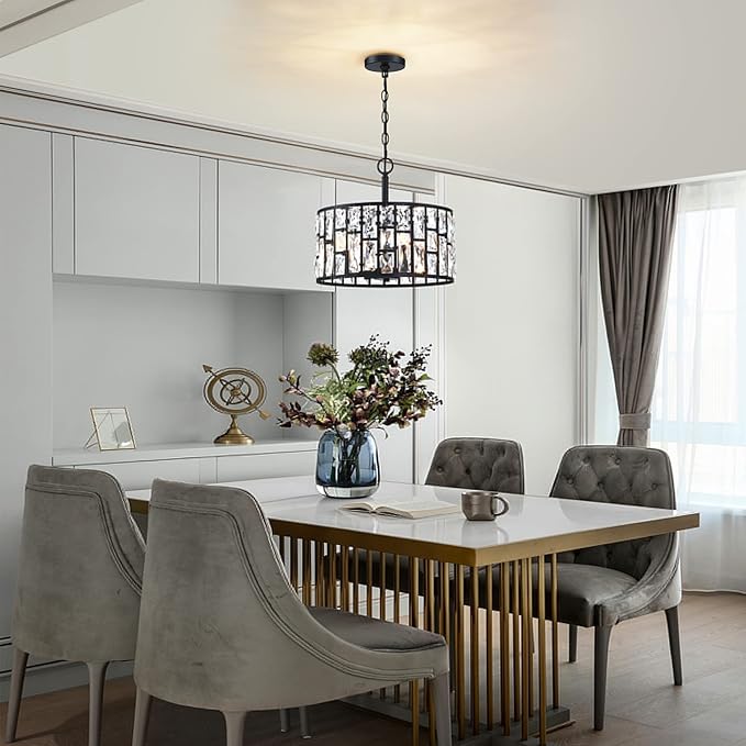 MEXO Farmhouse Crystal Convertible Chandelier and Semi Flush Mount Lighting Black Cylinder Drum Shade Pendant for Kitchen Island Dining Room Bedroom Hallway
