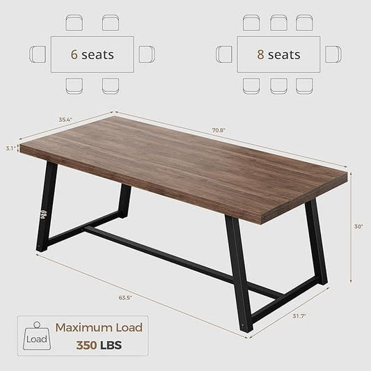 IRONCK 71" Dining Table for 6-8 People, Industrial Kitchen Table with Sturdy Metal Frame, Rectangular Brown Wood Dinner Table for Dining Room