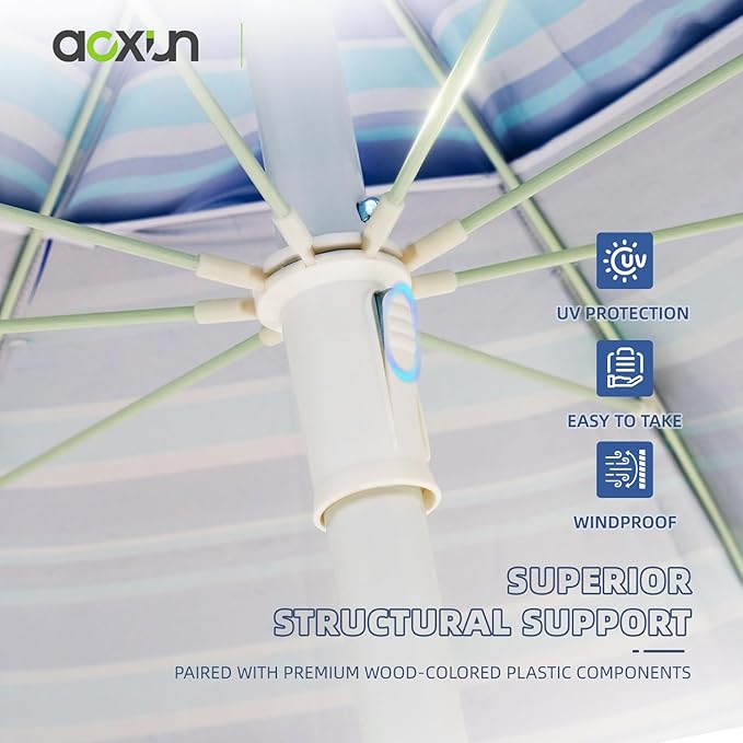 Aoxun Beach Umbrella with Tilt Pole, Portable Sand Anchor and Carry Bag, UPF 50+ Sun Shelter Air Vents Design for Outdoor (Navy Blue & White), 7ft