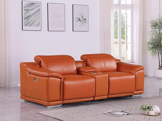 BlackJack Furniture Venice Top Grain Italian Leather Power Recline Loveseat Sofa - 93" Theater Seating Modern Couch for Living Room Apartment Lounge Home with Adjustable Headrests & USB Port, Camel