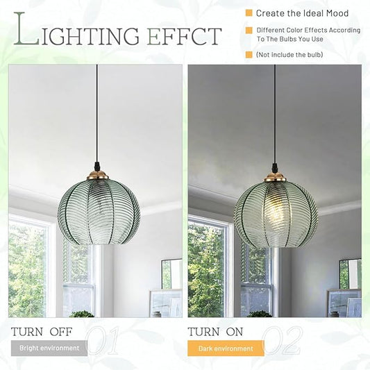 Plug in Hanging lamp 2 Pack,14.75ft Hanging Light with Plug in Cord Hand Blown Green Glass Pendant Lamp Globe Pendant Light Plug in Pendant Light for Kitchen Bedroom Living Dining Room