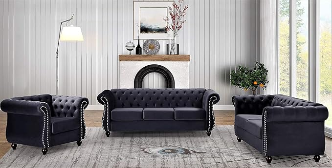 Container Furniture Direct Feinstein Modern Velvet Chesterfield Couches for Living Room with Nailheads, Diamond Tufting & Durable Metal Frame, Chair, Black