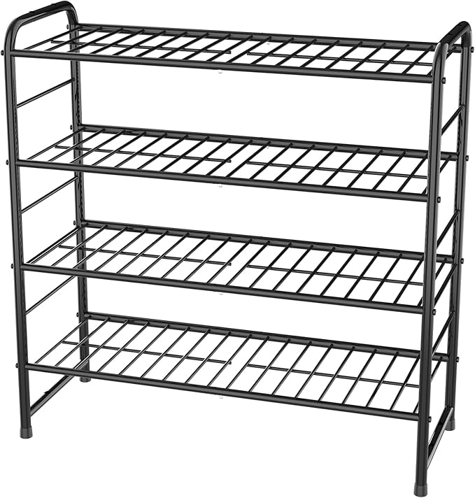 REGILLER 4-Tier Stackable Shoe Rack, Expandable & Adjustable Shoe Organizer Storage Shelf, High Capacity, Wire Grid, Black