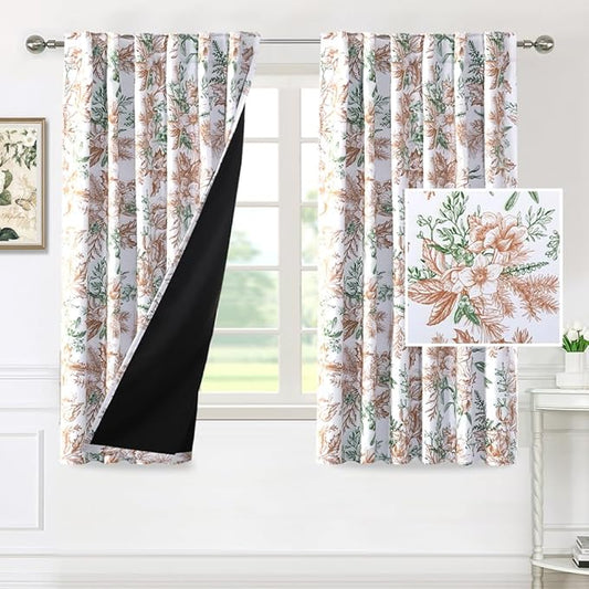 H.VERSAILTEX 100% Blackout Curtains for Living Room Vintage Floral Curtains 63 Inches Long Light Blocking Curtains with Black Liner Back Tab/Rod Pocket Thermal Drapes, 2 Panels, Caramel and Moss