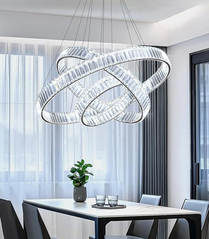 16‘’+24‘’+32'' Modern Ring Chandelier Crystal Chandeliers for Dining Room Round LED Dimmable Ceiling Light Fixture for Living Room Bedroom Lighting Black