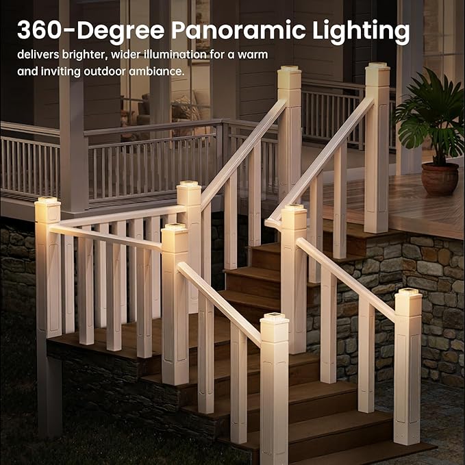 APONUO Solar Post Cap Lights, 8-Pack Fence Post Solar Lights with 20 Lumens 3-Sided Panoramic Glow, IP65 Waterproof Fence, Deck, Patio, Garden Decor, Easy No-Tool Install for 4x4 5x5 Posts, White