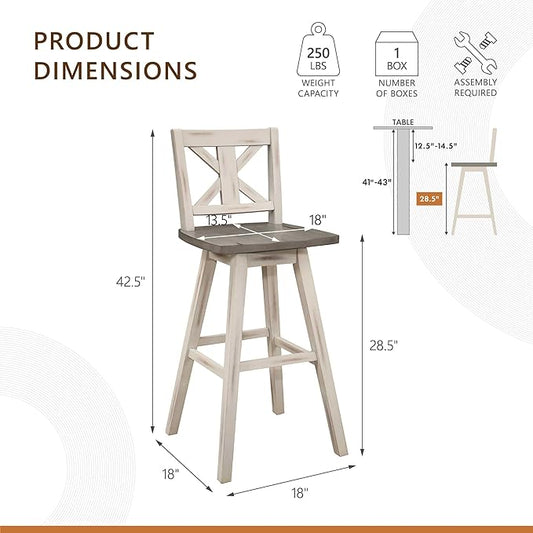 Lexicon Bar Height Bar Stools Set of 2-Solid Wood Frame 360° Swivel Wooden Stools, Foot Rest, X Back, Wide Seat, Distressed Farmhouse Easy to Clean Finish, 28.5" SH, Antique White/Grey