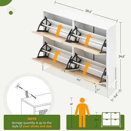 4 Flip Drawers Shoe Storage Cabinet, Rattan Shoe Organizer with Metal Legs, Freestanding Narrow Shoe Rack Cabinet for Entryway, White