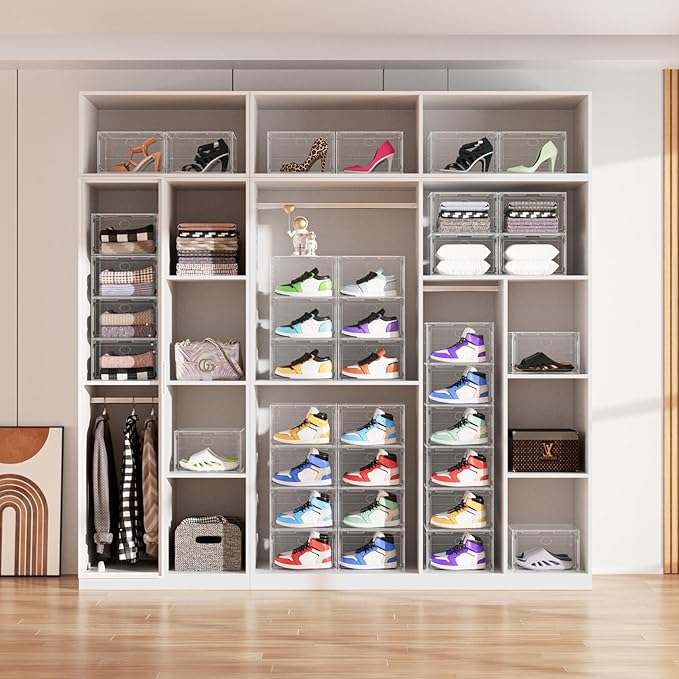 Large Shoe Boxes Clear Plastic Stackable, 8 Pack Drop Side Shoe Storage Organizer with Magnetic Door, Shoe Container Sneaker Storage Display Case Fit up to US Size 13 CLEAR