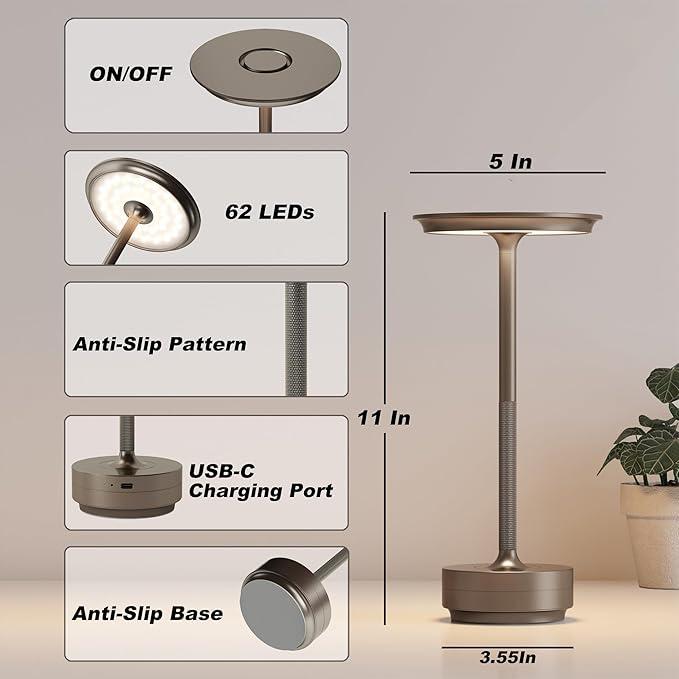 1 Pack Rechargeable Table Lamps Cordless, Portable 5000mAh Outdoor Table Light, 3 Color Stepless Dimming LED Table Lamp with Memory Function, for Home/Dinner/Patio/Restaurant.(Light Cafe)