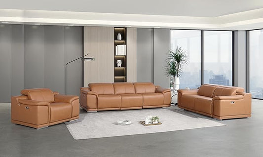Blackjack Furniture Venice Top Grain Italian Leather 6 Power Recliner Seaters 3 Piece Sofa Set with Adjustable Headrests Modern Luxury Seating Sofa, Loveseat and Chair for Living Room Lounge, Cognac