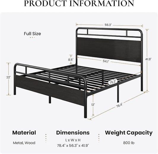 SHA CERLIN Full Size Bed Frame with Vintage Industrial Wood Headboard, Heavy Duty Metal Platform with 12" Under-Bed Storage, Mattress Foundation, No Box Spring Needed, Noise-Free, Easy Assembly, Black