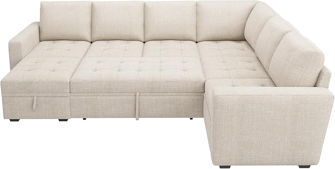 HONBAY Sectional Sleeper Sofa Couch with Pull Out Bed, Convertible L Shaped Couch with Storage, Sleeper Sectional Sofa Bed for Living Room, Beige