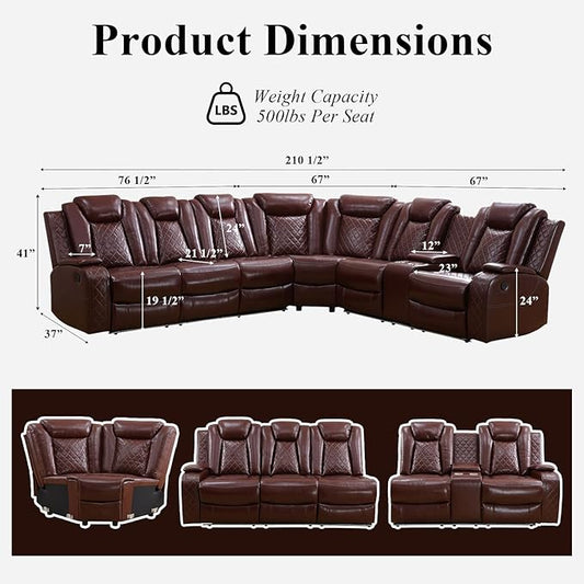 Power Reclining Sectional Sofa for Living Room – Brown Leather Sectional with Recliner, LED Lights, Storage Console & Cup Holders, Comfortable Family Couch