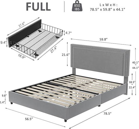 VECELO Full Size Upholstered Platform Bed Frame with 4 Storage Drawers, Adjustable Velvet Rivet Decor Headboard, Wooden Slats Support, No Box Spring Needed, Easy Assembly
