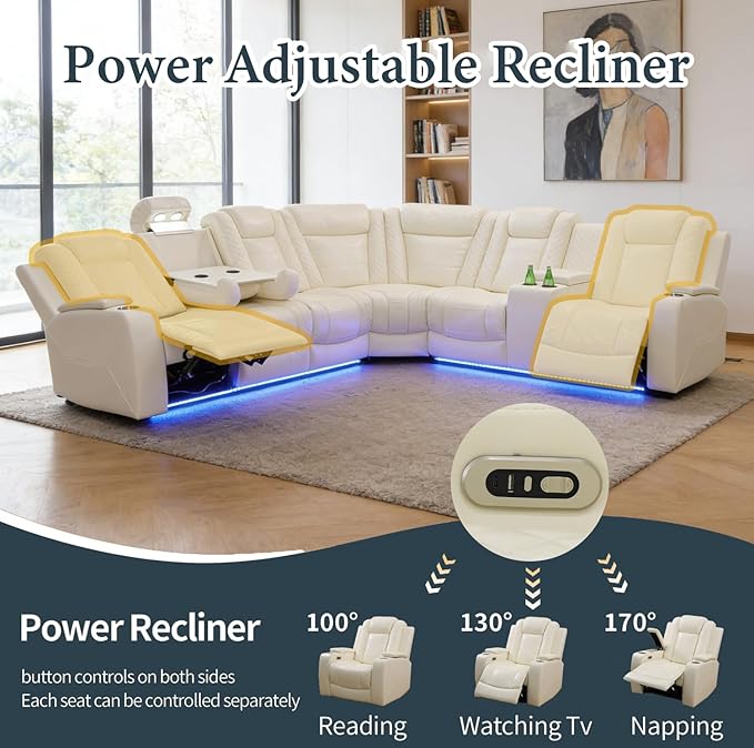 Power Recliner Sectional Sofa Set, Creamy Leather Sectional Couch and Loveseat for Living Room, L Shape Reclining Sofa with Cup Holder, Hidden Storage, Drop-Down Table for House(8 Seat)