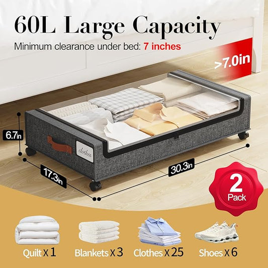 Yecaye Under Bed Storage with Wheels, 2 Pack Under the Bed Storage Containers with Lids & Label, XXL 60L Rolling Underbed Storage Drawers for Clothes, Blankets, Shoes, Hemp Gray