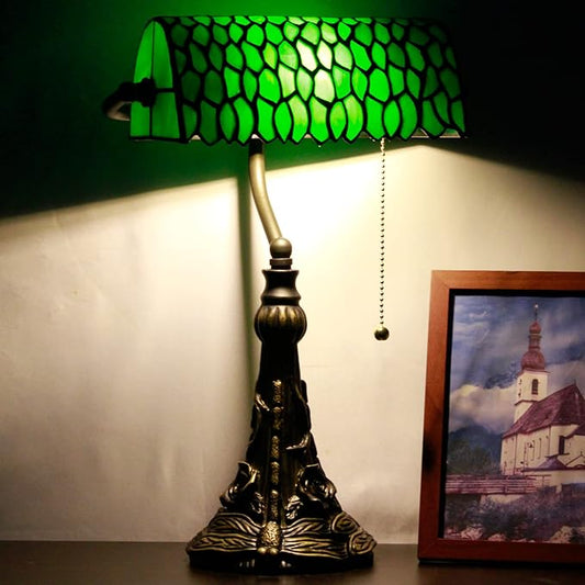 Tiffany Banker Lamp Small Stained Glass Table Lamp Tiffany Style Piano Light Green Wisteria Leaf Style Desk Lamp Angle Adjustable 10.6X15.7 Inch for Home Office Living Room Bedroom