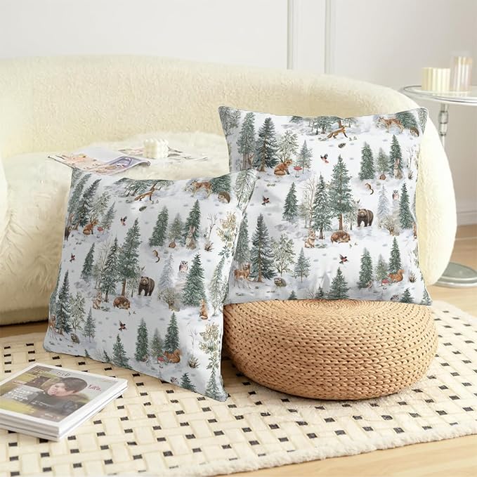 Winter Pillow Covers 16x16 Set of 2 Vintage Rustic Forest Pine Tree Snow Animals Print Xmas Holiday Throw Pillow Case Farmhouse Christmas Decoration Cushion Cases for Home Couch Sofa