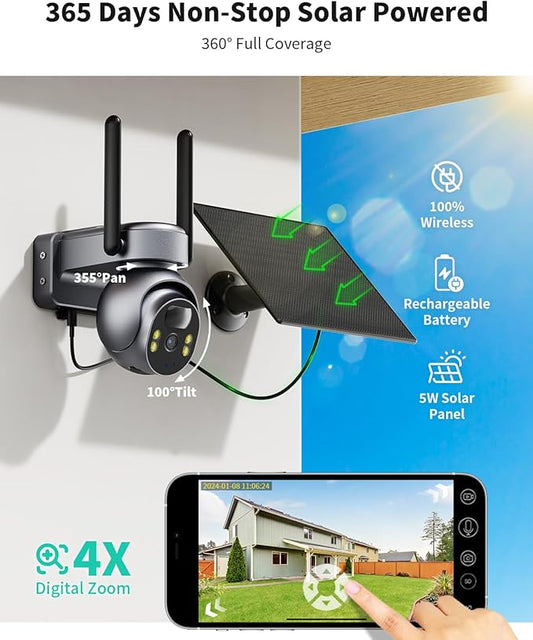 LIWAN 4G LTE Cellular Solar Security Camera Wireless Outdoor, No WiFi Security Camera, 2K Solar Powered, 360° Live View, 2K Color Night Vision, PIR Motion Sensor, 2 Way Talk, Built in SIM Card