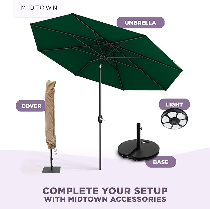 Midtown Umbrellas - The Lean 10 Ft Patio Umbrella with Fade-Resistant Sunbrella Fabric, Auto-Tilt Aluminum Frame and 8 Reinforced Ribs for Deck, Pool & Garden - Forest Green Canopy, Black Pole