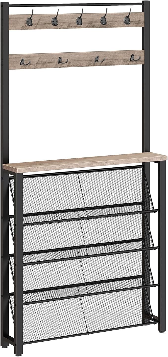 HOOBRO Hall Tree with Bench, Narrow Shoe Rack with Coat Rack, Coat Rack with Shoe Storage, 5 Tier Slanted Shoe Storage Organizer, Coat and Shoe Rack Entryway, Slim Hall Tree, Greige BG20MT01
