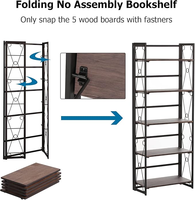 VECELO Bookshelf, 5 Shelf Folding Bookcase No Assembly, Industrial Metal Freestanding Shelves Rack Organizer for Living Room, Office, Bedroom, Kitchen, Set of 2, Dark Brown