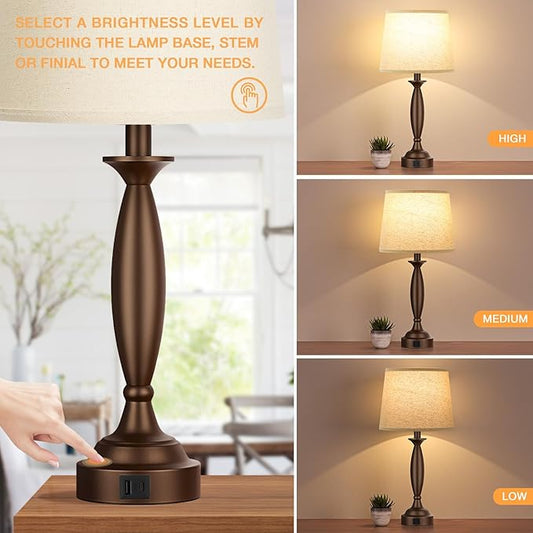 Seealle Beige Brown Lamps for Bedrooms Set of 2 - Touch Control Bedside Lamp with USB C+A, 3 Way Dimmable Nightstand Lamps with USB Port, Table Lamp for Living Room(Beige Shade and Brown Base)