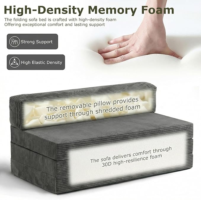 5-in-1 Convertible Sofa Bed, Boneless Loveseat Sleeper, Tri-fold Futon Sofa Bed with Removable Cushions & Washable Cover, Pull Out Couch with Handle, for Small Spaces, Queen Size, Grey