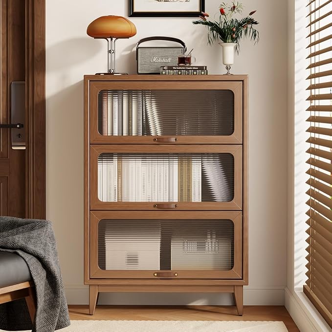 AQIMUELE Solid Wood Bookcase with Glass Doors, 3 Shelf Bookshelves and Bookcases, Mid Century Modern Bookshelf with Glass Doors, Kitchen Pantry Cabinet (Walnut, 31.5" W)