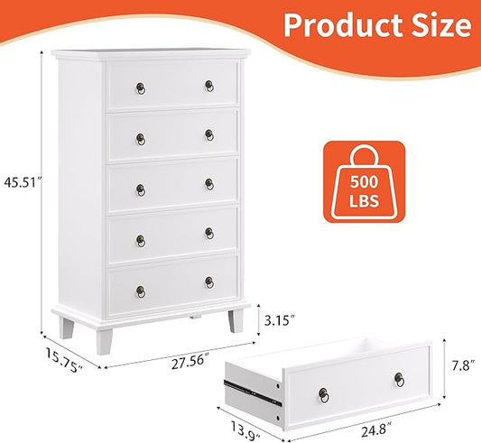5 Drawers Dresser for Bedroom, White Chest of Drawers Tall Wood Dresser with Large Storage Organizer for Living Room, Hallway