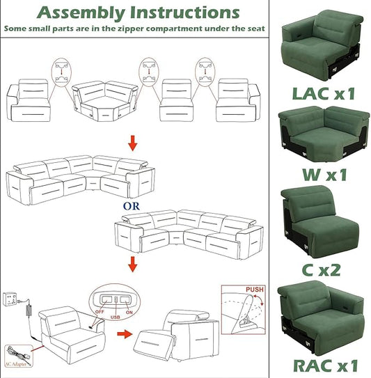 Power Reclining Sectional Sofa Set with USB Ports & Adjustable Headrest, 4-Seater L-Shaped Flannel Recliner Sectional Couch for Living Room,Green