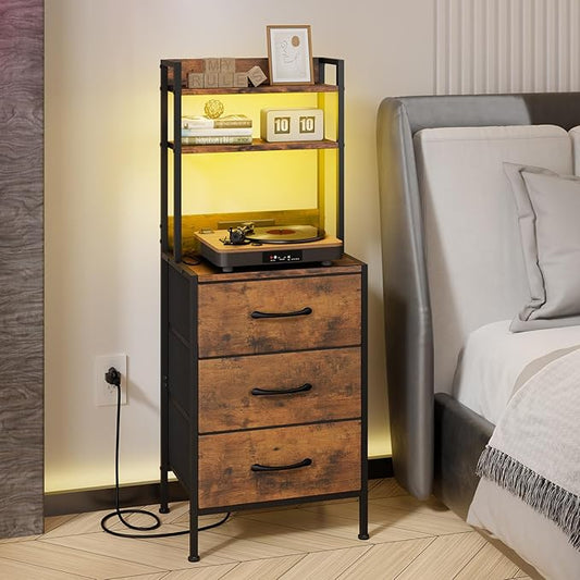 Fixwal 41 Inch Tall Nightstand with Charging Station, Led Night Stand with U-S-B Port & Socket, 3 PU Finished Fabric Storage Drawers, Office, Bedside Table & Bookshelf in One, Rustic Brown
