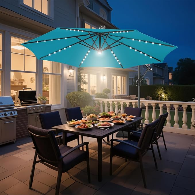 Solar Offset Patio Umbrella - 10 FT Solar Cantilever Umbrella Outdoor with 40 LED Lights and Cross Base, UV Protection for Garden, Deck, Backyard, Pool, Porch, Aqua Blue