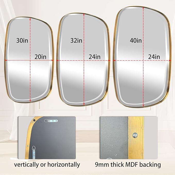 POZINO Brushed Gold Beveled Mirror, 24"x40" Modern Rectangle Mirrors with Stainless Steel Frame, Brass Oblong Vanity Wall Mirror for Bathroom Living Room Entryway, Hangs Vertically or Horizontally