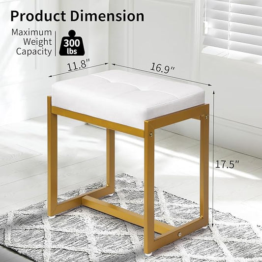 Faux Fur Vanity Stool Chair, Vanity Chair with Gold Metal Leg, Furry Soft Padded Makeup Footstools Seat Ottoman, Modern Chairs for Makeup, Bedroom, Square Small Stool Bench for Vanity White&Gold