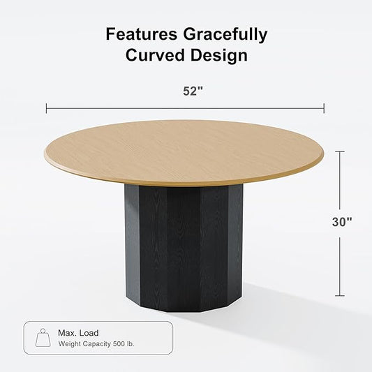 Casaphoria 52" Round Dining Table for 6, Two-Tone Natural Wood Top and Black Pedestal Base, Modern Farmhouse Style, Dining Table Only
