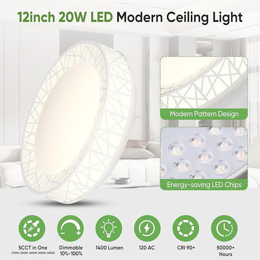 12 Inch Flush Mount Ceiling Light, Modern White LED Ceiling Light Fixture, 20W 1400LM 2700-6500K Adjustable, Dimmable Ceiling Lights for Bedroom, Kitchen, Hallway, Bathroom, ETL