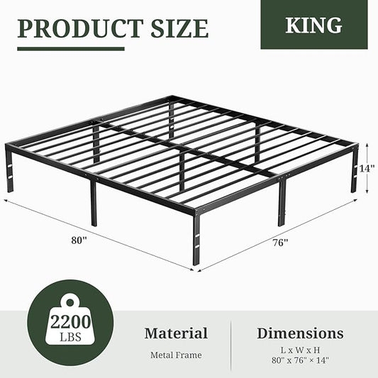 King Size Bed Frame, 14 Inch Metal Platform Bed Frames with Heavy Duty Steel Slat Support, No Box Spring Needed, Easy Assembly, Under Bed Storage