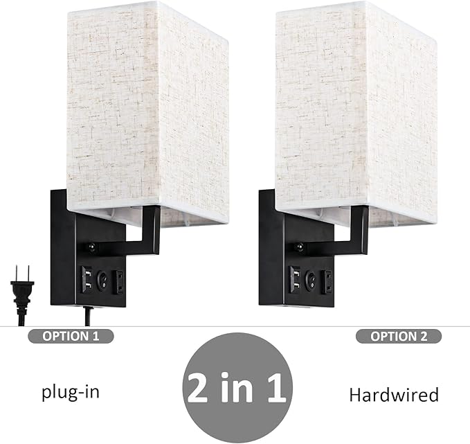 CADUKE Bedside Wall Lamp Set of 2, Plug in Wall Sconce with USB Charging Port and AC Outlet, Modern Black Brushed Nickel Wall Light with Plug in Cord for Living Room Office, E26 LED Bulb Included
