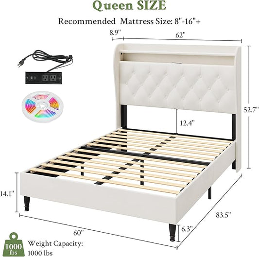 Queen Bed Frame with Tall Headboard, Velvet Upholstered Platform Bed with LED Lights & Charging Station, 52.7"-55" Adjustable/Modern Tufted Wingback Storage Headboard, No Box Spring Needed, Cream